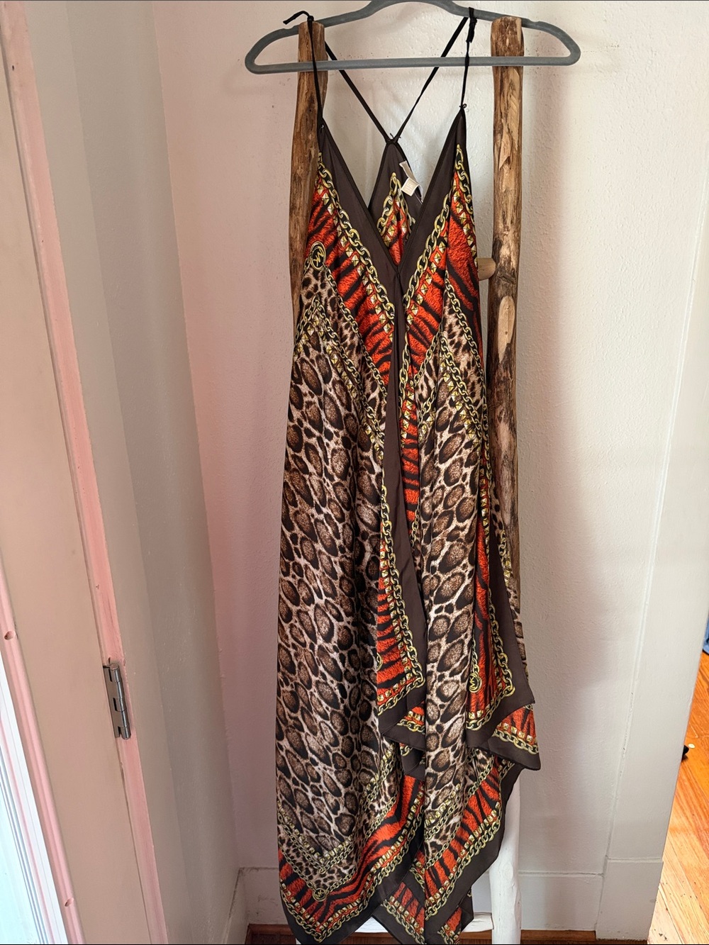 Michael Kors Brown and Orange Animal-Print Maxi Scarf Dress with Strappy Back L